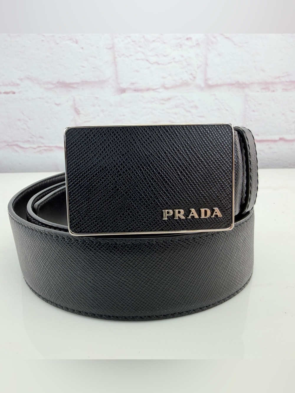 Prada Black Saffiano Leather Belt Square Logo Buckle 100/40”